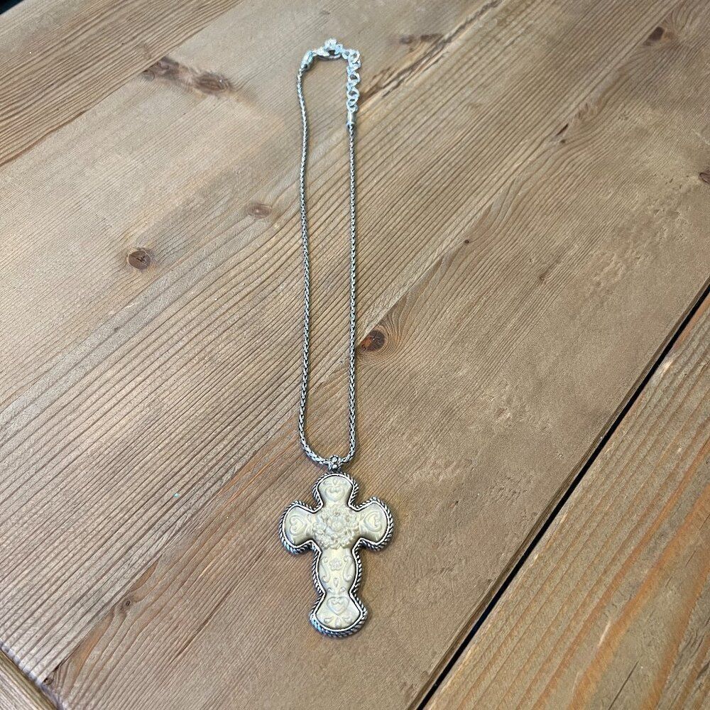 Brighton Rosarita Mother of Pearl Cross Silver Necklace
